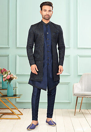 Woven  Art Silk Jacquard Layered Sherwani in Navy Blue