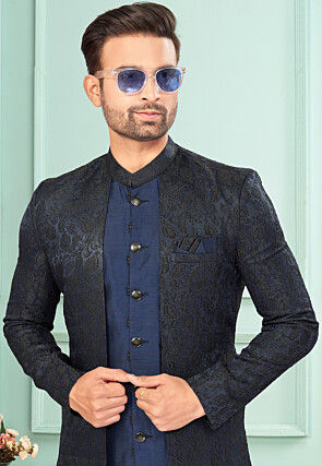 Woven  Art Silk Jacquard Layered Sherwani in Navy Blue