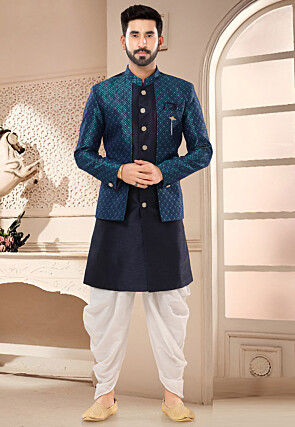 Woven Art Silk Jacquard Layered Sherwani in Navy Blue