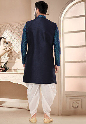 Woven Art Silk Jacquard Layered Sherwani in Navy Blue