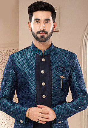 Woven Art Silk Jacquard Layered Sherwani in Navy Blue
