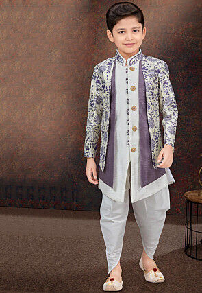 Woven Art Silk Jacquard Layered Sherwani in Off White and Purple