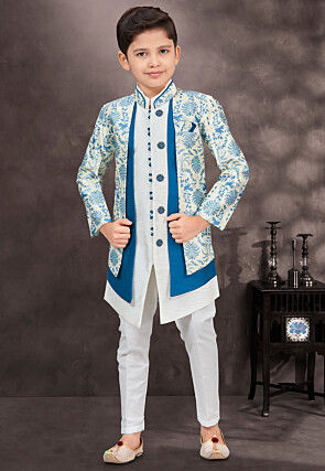 Woven Art Silk Jacquard Layered Sherwani in Off White and Teal Blue