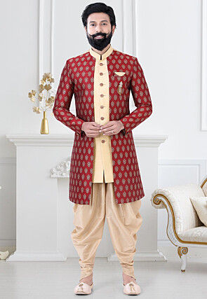 Woven Art Silk Jacquard Layered Sherwani in Red and Golden