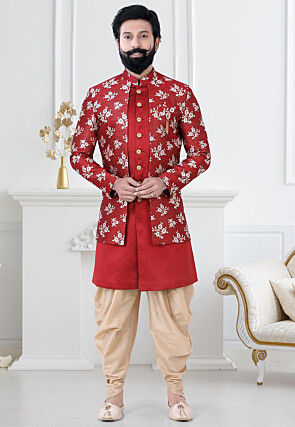 Woven Art Silk Jacquard Layered Sherwani in Red