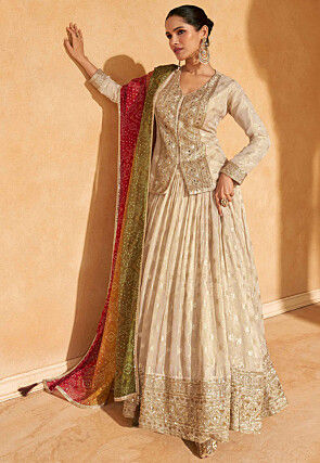 Woven Art Silk Jacquard Lehenga in Beige
