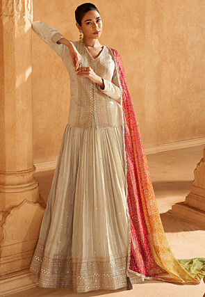 Woven Art Silk Jacquard Lehenga in Beige