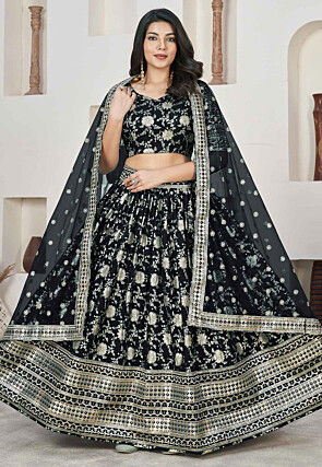 Woven Art Silk Jacquard Lehenga in Black