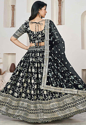 Woven Art Silk Jacquard Lehenga in Black