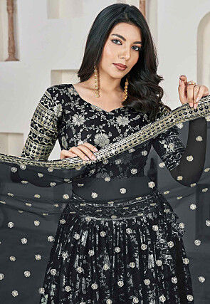 Woven Art Silk Jacquard Lehenga in Black