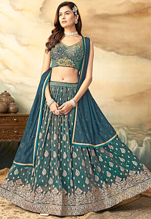 Woven Art Silk Jacquard Lehenga in Blue