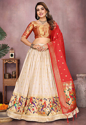 Woven Art Silk Lehenga in Cream