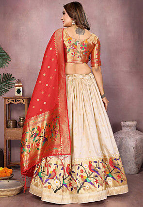 Woven Art Silk Lehenga in Cream