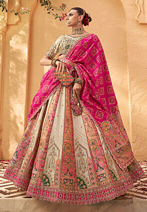 Woven Art Silk Jacquard Lehenga in Cream