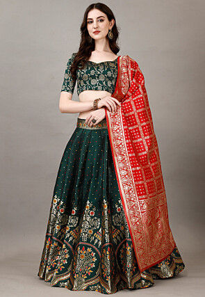 Woven Art Silk Jacquard Lehenga in Dark Green