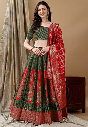 Woven Art Silk Jacquard Lehenga in Dark Green