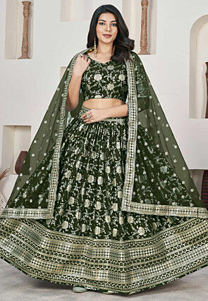 Woven Art Silk Jacquard Lehenga in Dark Olive Green