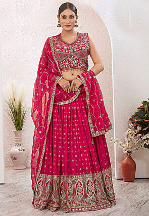 Woven Art Silk Jacquard Lehenga in Fuchsia