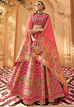 Woven Art Silk Jacquard Lehenga in Fuchsia