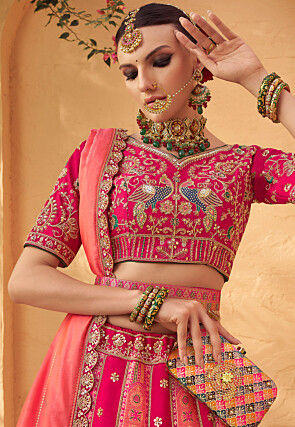 Woven Art Silk Jacquard Lehenga in Fuchsia