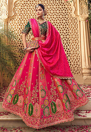 Woven Art Silk Jacquard Lehenga in Fuchsia