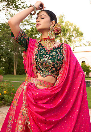 Woven Art Silk Jacquard Lehenga in Fuchsia