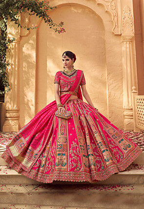 Woven Art Silk Jacquard Lehenga in Fuchsia