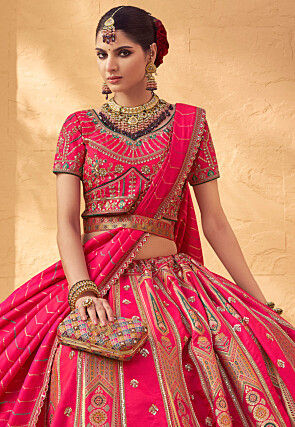Woven Art Silk Jacquard Lehenga in Fuchsia