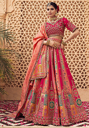 Woven Art Silk Jacquard Lehenga in Fuchsia