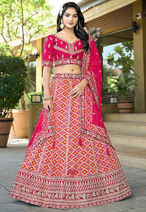 Woven Art Silk Jacquard Lehenga in Fuchsia