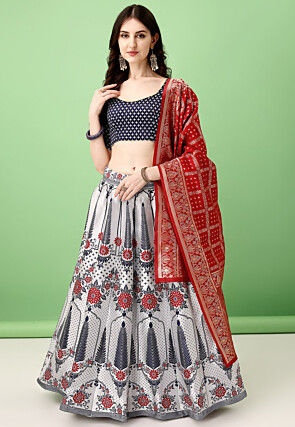Woven Art Silk Jacquard Lehenga in Grey