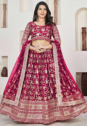 Woven Art Silk Jacquard Lehenga in Magenta