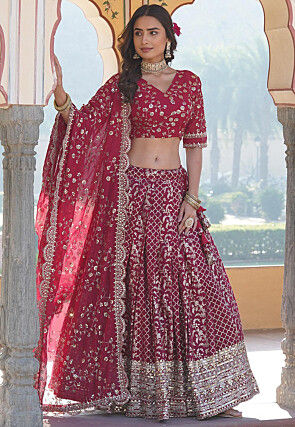 Woven Art Silk Jacquard Lehenga in Magenta
