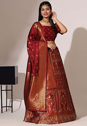 Woven Art Silk Lehenga in Maroon