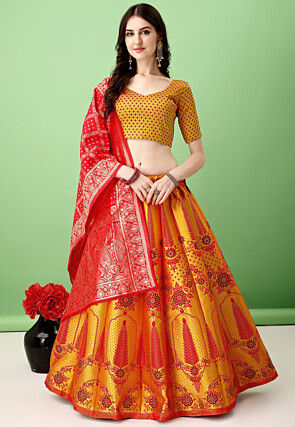Woven Art Silk Jacquard Lehenga in Mustard