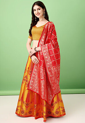Woven Art Silk Jacquard Lehenga in Mustard