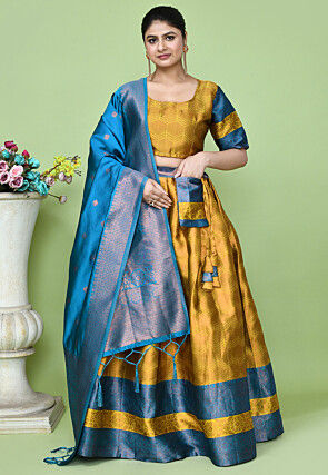 Woven Art Silk Jacquard Lehenga in Mustard