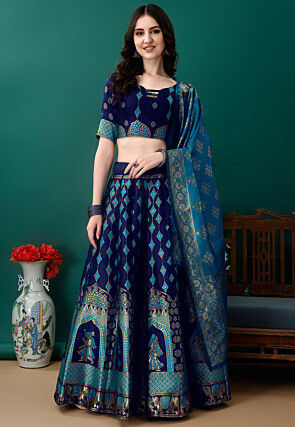 Woven Art Silk Jacquard Lehenga in Navy Blue