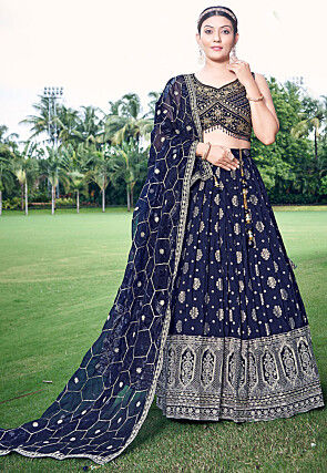 Woven Art Silk Jacquard Lehenga in Navy Blue