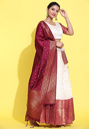 Woven Art Silk Jacquard Lehenga in Off White
