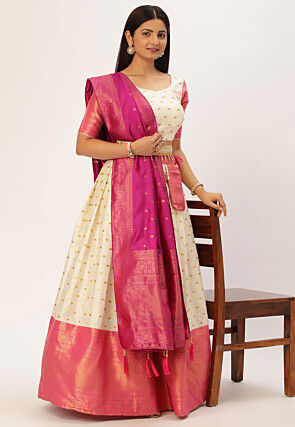 Woven Art Silk Jacquard Lehenga in Off White