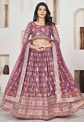 Woven Art Silk Jacquard Lehenga in Old Rose