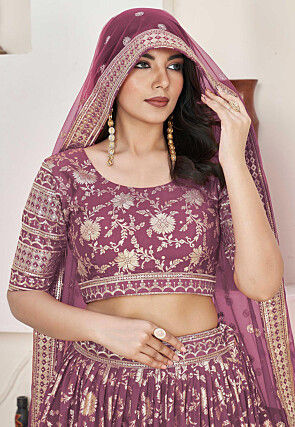 Woven Art Silk Jacquard Lehenga in Old Rose