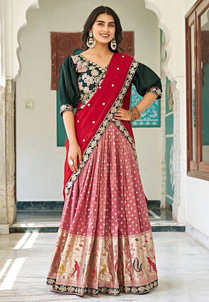 Woven Art Silk Jacquard Lehenga in Old Rose