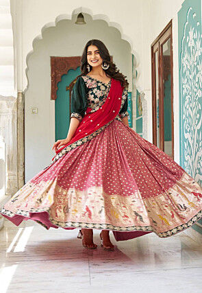 Woven Art Silk Jacquard Lehenga in Old Rose