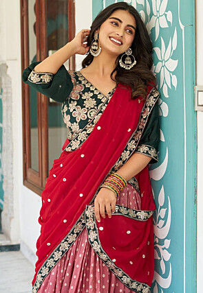 Woven Art Silk Jacquard Lehenga in Old Rose