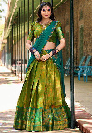 Woven Art Silk Jacquard Lehenga in Olive Green