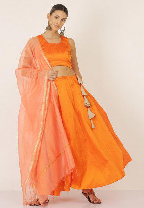 Woven Art Silk Jacquard Lehenga in Orange