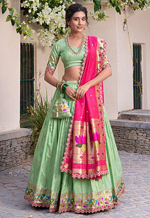 Woven Art Silk Jacquard Lehenga in Pastel Green