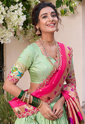 Woven Art Silk Jacquard Lehenga in Pastel Green